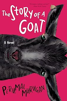 Book cover for 'The Story of A Goat' by Perumal Murugan, featuring a black goat's face against a pink background.