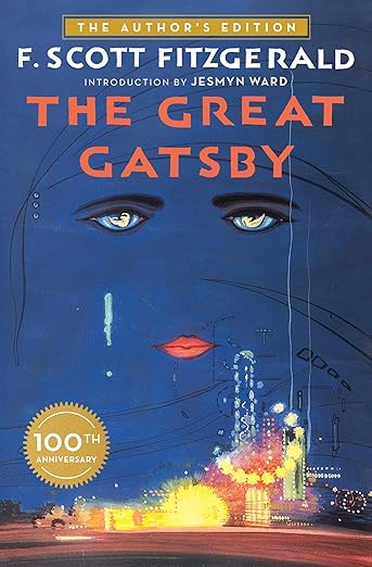 Cover of 'The Great Gatsby' by F. Scott Fitzgerald featuring a stylized graphic design with vibrant colors, celebrating the 100th anniversary edition.