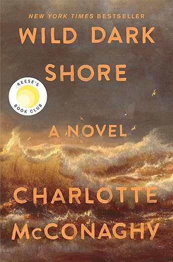 Book cover of 'Wild Dark Shore' by Charlotte McConaghy featuring turbulent ocean waves and a badge for Reese's Book Club.