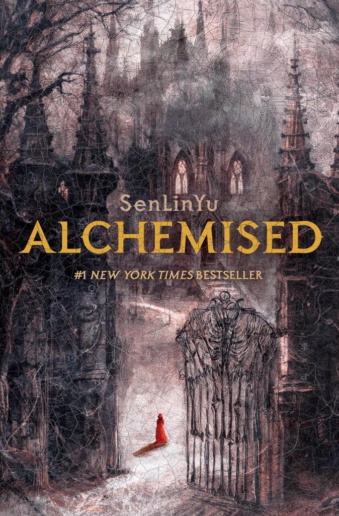 Book cover of 'Alchemisd' by SenLinYu featuring a dark, gothic castle and a figure in a red cloak standing before an ornate gate.